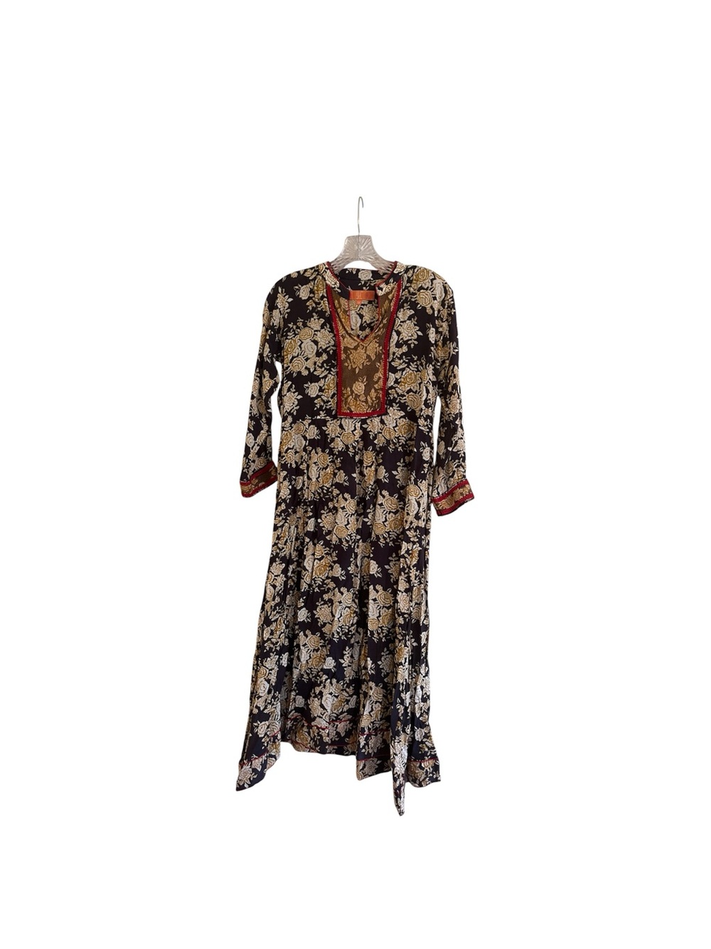 ELF Black Maxi Dress with Gold Floral Print and Red Trim
